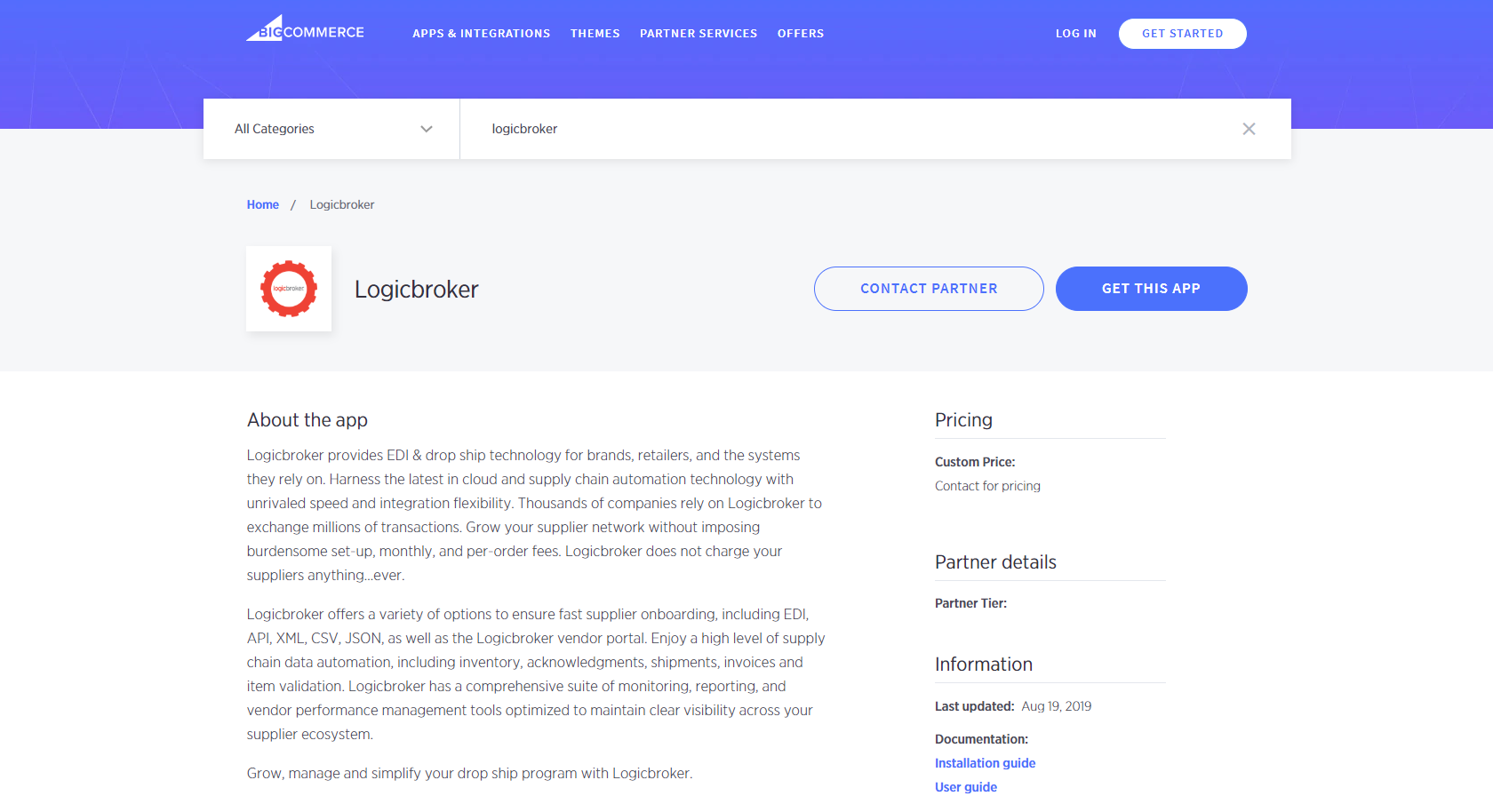 Logicbroker app in BigCommerce app store