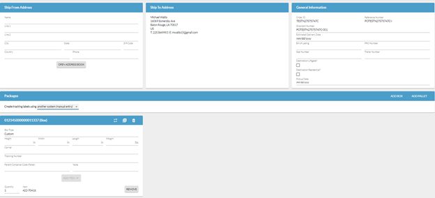 Input shipment data. Order data is pre-populated, shipment is submitted.