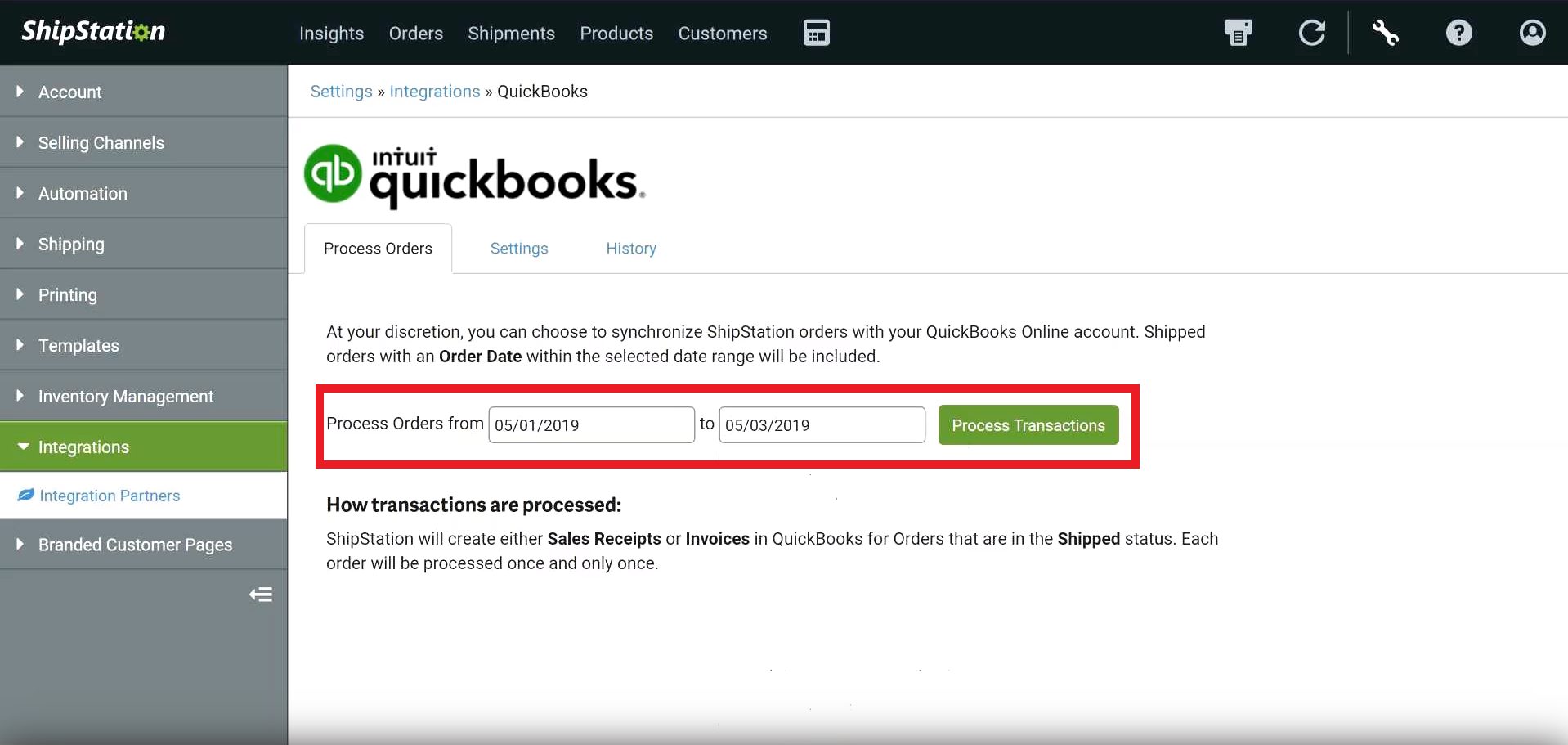 QuickBooks Integration Page