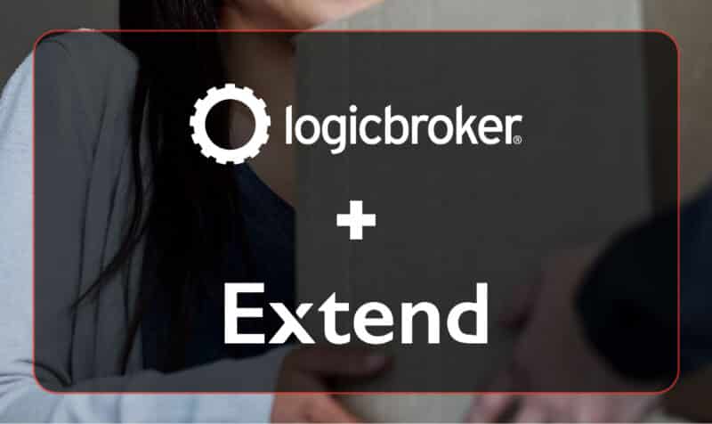 Logicbroker + Extend Logos on background of woman receiving a package