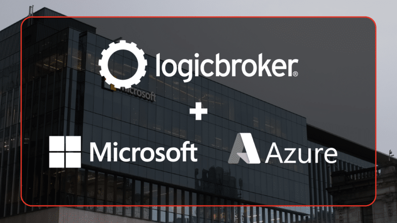 Logicbroker + Microsoft Azure logos on background of exterior Microsoft office location