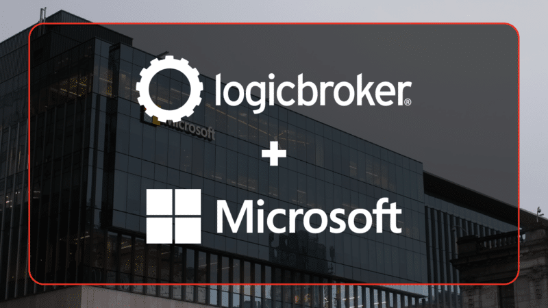 Logicbroker + Microsoft logos on background of exterior Microsoft office location