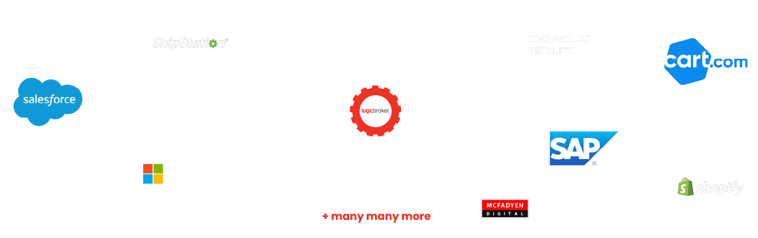 Graphic showing Logicbroker connecting to partner companies- SAP, Cart.com. Shopify, Salesforce, Microsoft, BigCommerce, ShipStation, McFadyen Digital, Oracle Netsuite