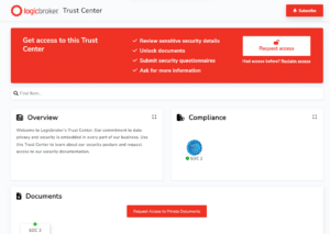 Screenshot of Logicbroker Trust Center Page. Security SOC 2